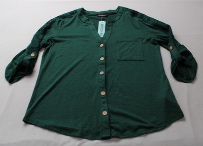 Fortune + Ivy Women's Brenna Button Up Knit Top Shirt CD4 Dark Green Medium
