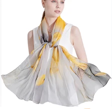 100% Silk large Scarf Women neckerchief Shawl Wrap floral yellow gray HD118-30