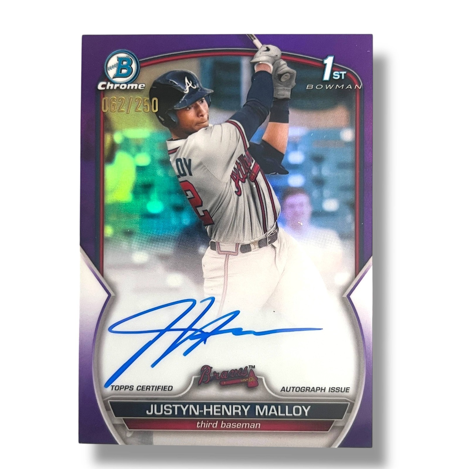 Justyn-Henry Malloy 2023 Bowman Chrome 1st Bowman Purple Refractor Auto 62/250
