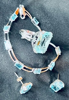 Elegant Aquamarine Blue Bracelet /925SS Earrings/925SS Ring 8 Set