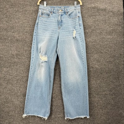 Old Navy Womens Sky Hi Wide Leg Jeans Size 6 Light Wash Distressed Baggy Raw Hem
