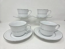 4 Noritake 4251 Whitecliff Platinum Cup and Saucer Sets