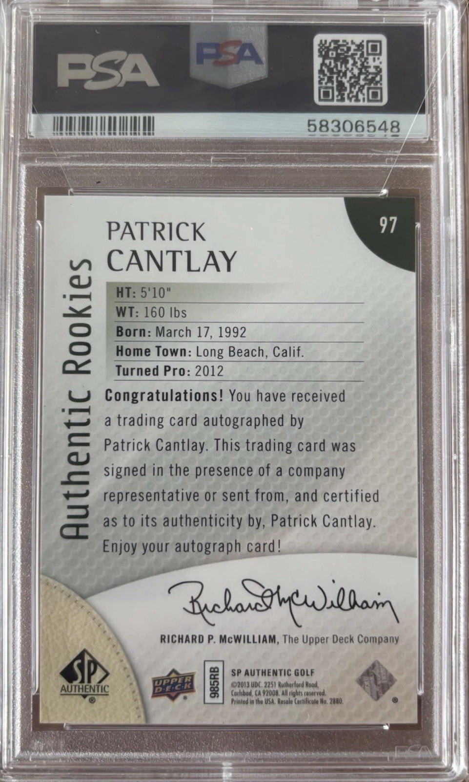 2014 SP Authentic #97 Patrick Cantlay RC AUTO (#’d 407/699) PSA 10 view 2