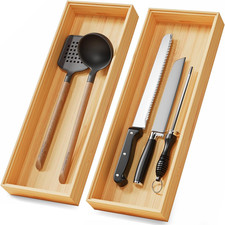 Long Bamboo Kitchen Drawer Organizer Boxes 17" X 6" Stackable Wood Silverware