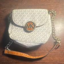 Michael Kors Logo Shoulder Bag Beige Brown Chain Strap Gold Hardware Designer