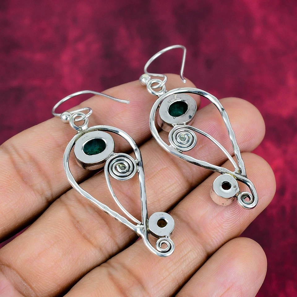 Lab-Created Emerald & Peridot Gemstones Handmade 925 Silver Jewelry Earrings - Image 2 of 4