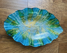 16" Large Art Glass Leaf Shaped Centerpiece Bowl Teal, Blake, Green