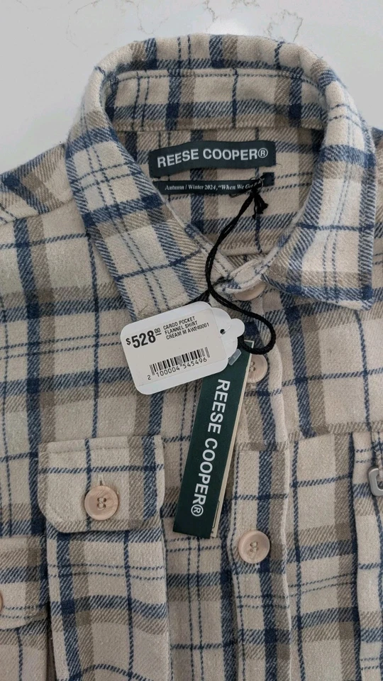 Camisa Reese Cooper Heavyweight Cargo 3D Bolsillo Franela a Cuadros en Crema Hecha en EE. UU. Foto 3 de 4