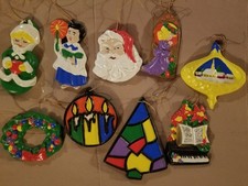 1979-1980 Vintage Handmade Painted Ceramic Christmas Ornaments 2 -4 set of 9