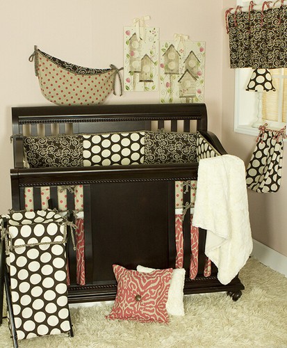 Raspberry Dot Pink Brown Floral Crib Bedding Set Hamper Mobile Valance Sheet - Picture 2 of 16