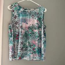 Talbots Factory Tank Top Green Pink Floral Back Cutout Size Medium Summer