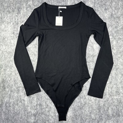 Mango Pop Boat Neck Women s Long Sleeve Body Suit Medium Black NWT Snap Closure