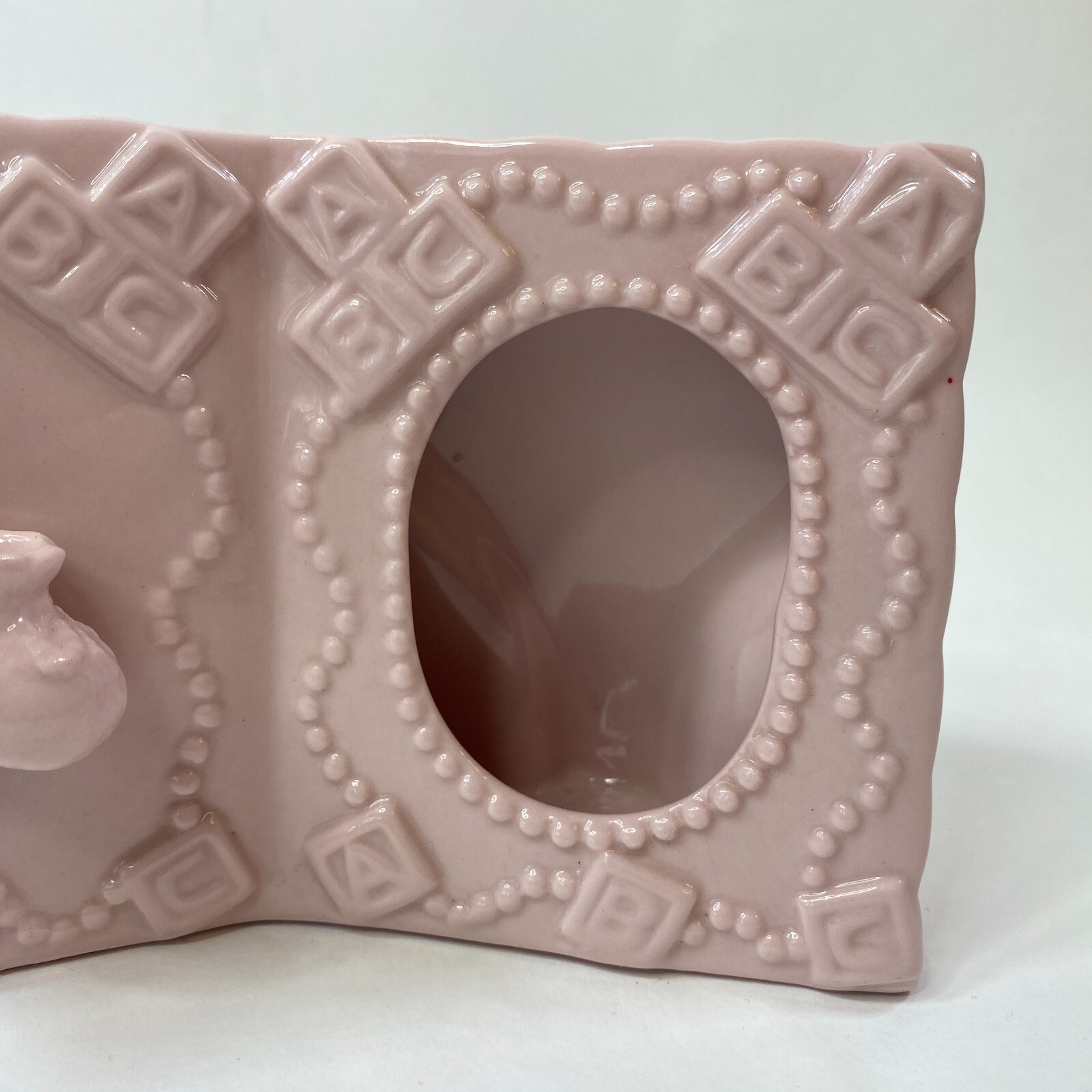 Baby Picture Frame ABC Vintage Ceramic Baby Booties Boots Nursery Pink Girl 4"