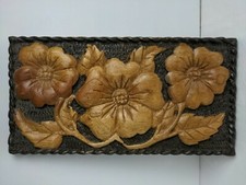 Hand Carved Wood Flowers Rectangular Wall Art Decor 1999 Artist Signed