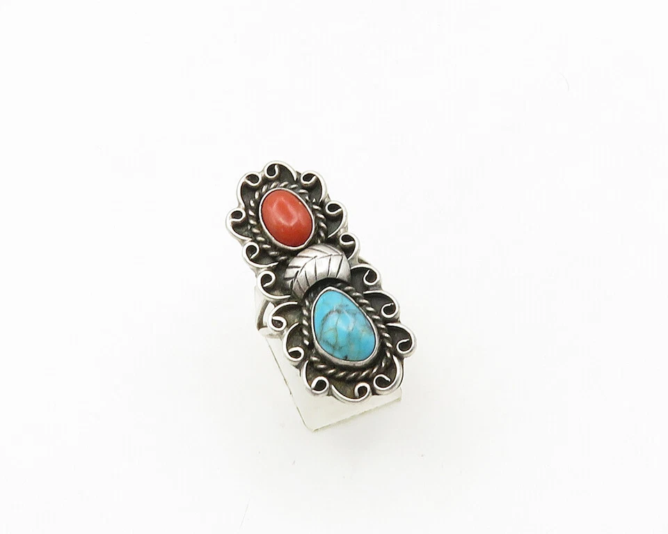 NAVAJO 925 Silver Vintage Turquoise & Coral Cocktail Ring Sz 7 RG18877 - Image 3 of 4