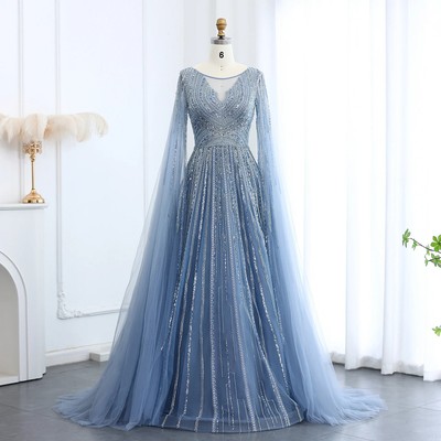 blue sapphire dresses bridesmaids See Through Dusty Blue A-line Spaghetti Straps High Slit Long Prom Dre –  SposaDresses main image 1