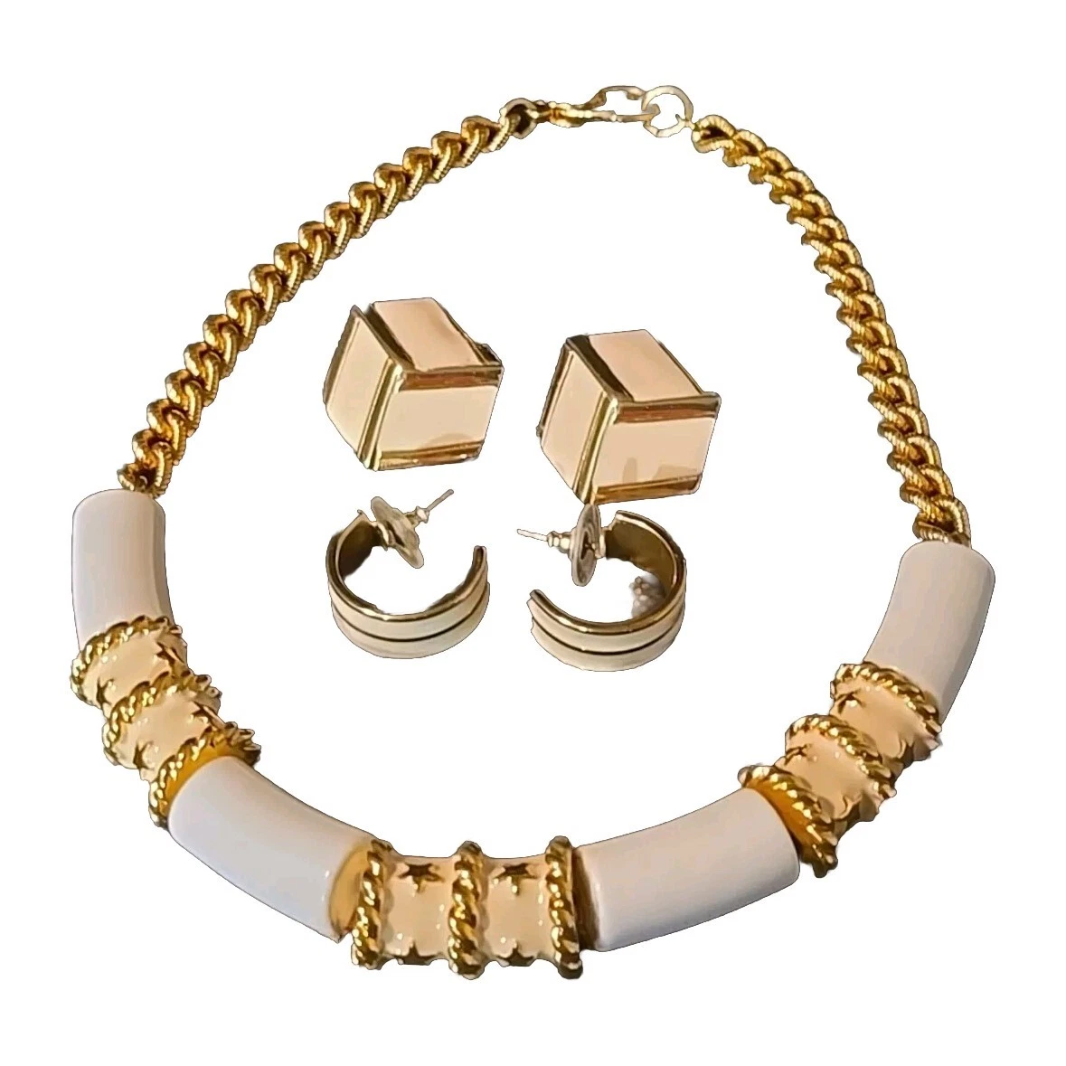 OFF WHITE Collana girocollo vintage in smalto bianco sporco tono oro grosso con 2 set orecchini