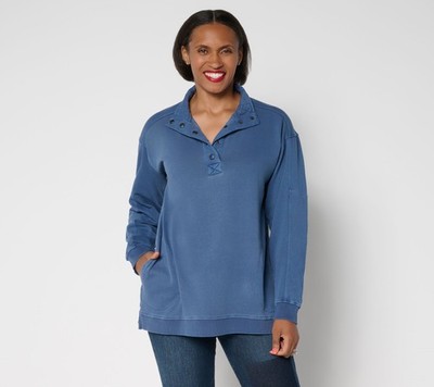 SUNNYLiFE Women's Top Sz L Long Sleeve French Terry Henley Blue A698994