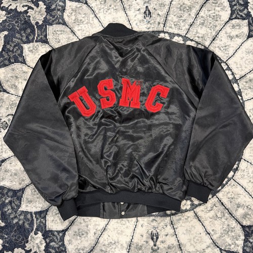 Vintage USMC Jacket Mens Large Soffe Satin Bomber Snap Front Lined Made USA Beat