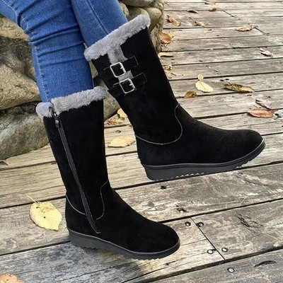 Winter Women Shoes Snow Boots Casual Buckle Flats Fur-lined Warm Mid Calf Boots