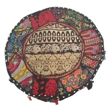 Boho Round Ottoman Foot Stool Cover Patchwork Embroidered Pouf Cover
