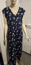 Monsoon 100% Linen Dress UK 20 Navy Blue Floral Elastic Waist Summer
