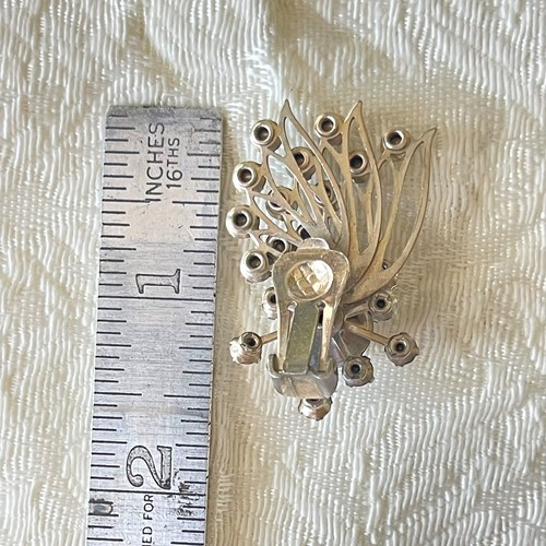 1.75” Atomic Fan Flower Starburst 1950s Rhinestone Clip Earrings Silver Metal - Picture 2 of 8