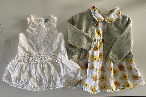 Lot of 2 pcs : Ivory Girls Baby Gap Dress 3-6M, Sunflower Dress/Cardigan 12M