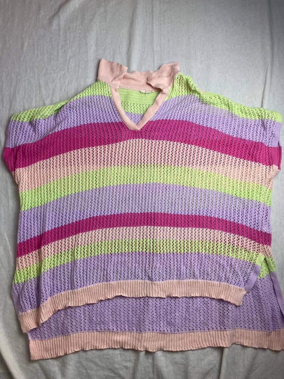 Easel Sweater Womens Large Multicolor Striped Crochet Open Knit Boxy Pullover