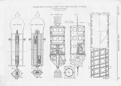 Elektrischer Spirallift für den Eiffelturm Antikdruck 1888