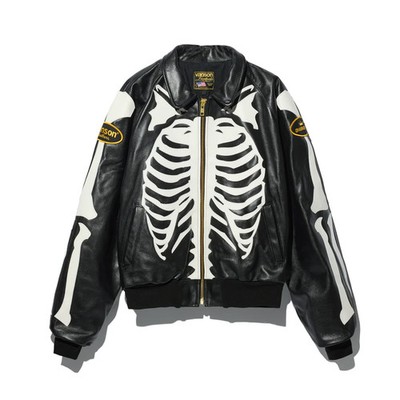 Black Skeleton Bones Cowhide Van son Leather Biker Jacket Champion Fashion Awake