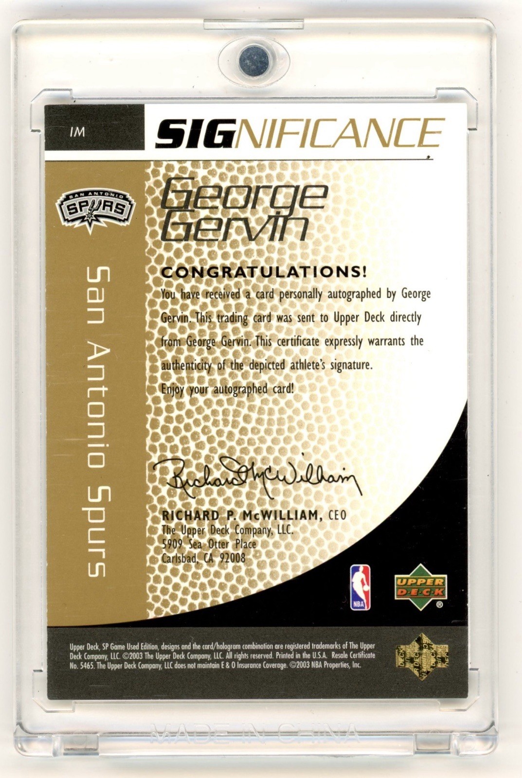 2003 Upper Deck SP Game Used Significance George Gervin On Card Auto Gold 10/10 view 2