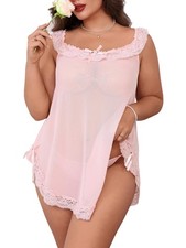 Women's Plus Size Lace Sheer Chemise Nightgown and Thongs 2 Piece Lace Babydo...