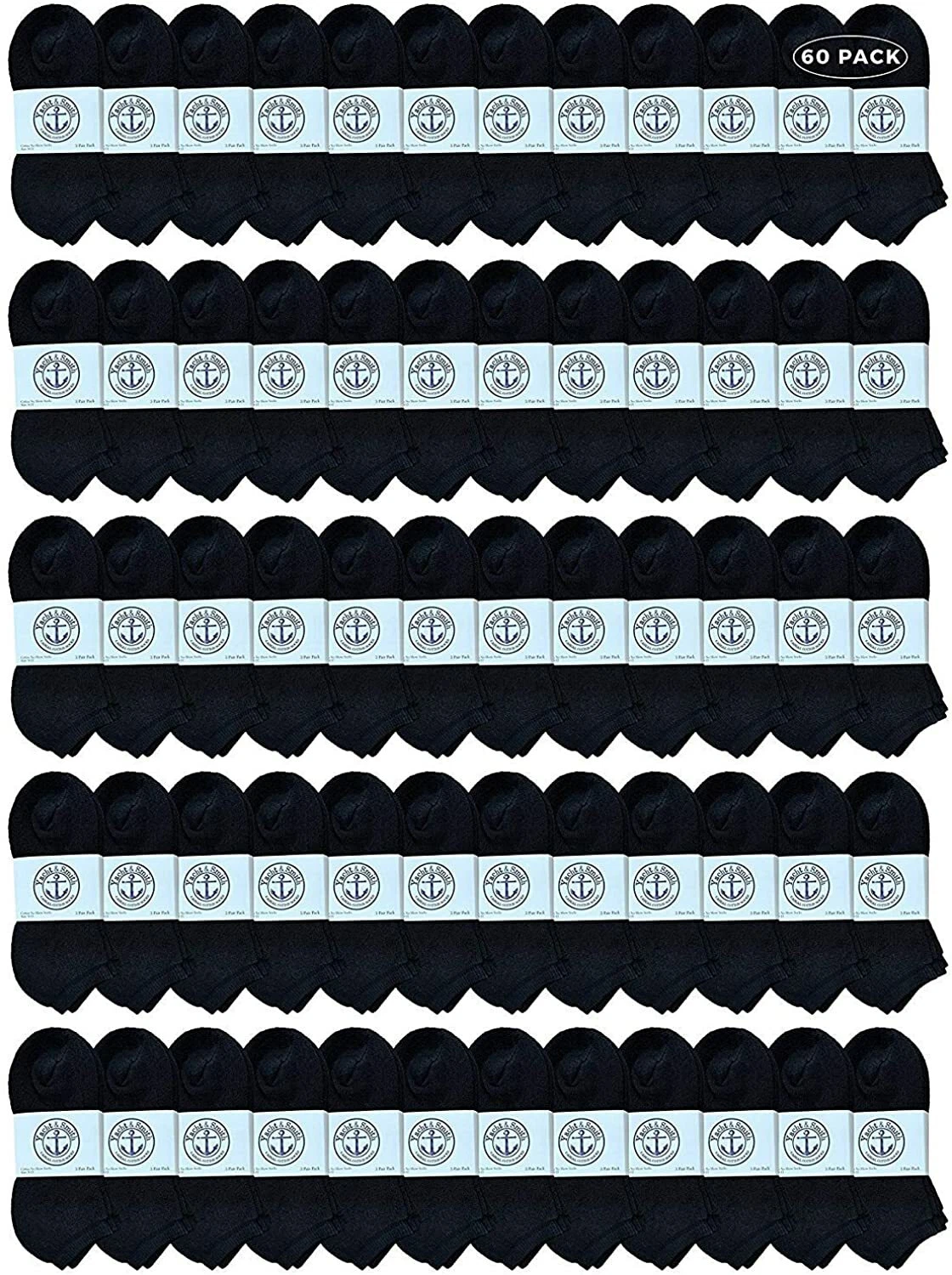 60 Units Women's No-Show Cotton Ankle Socks Size 9-11 Black - Ankle Sock