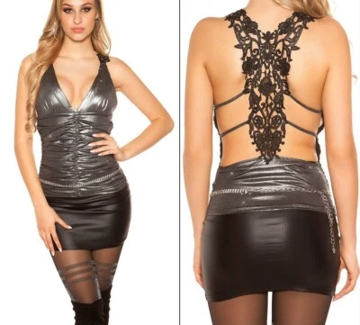 Sexy Miss Ladies Evening Ruffle V Top Crochet Lace Back XS/BLACK Schwarzglamour - Image 1 of 4