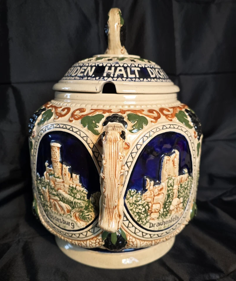 Vintage altes antikes Bowle Service Steinzeug 5 L Topf + 10 Tassen Burg-Motive - Bild 4 von 4