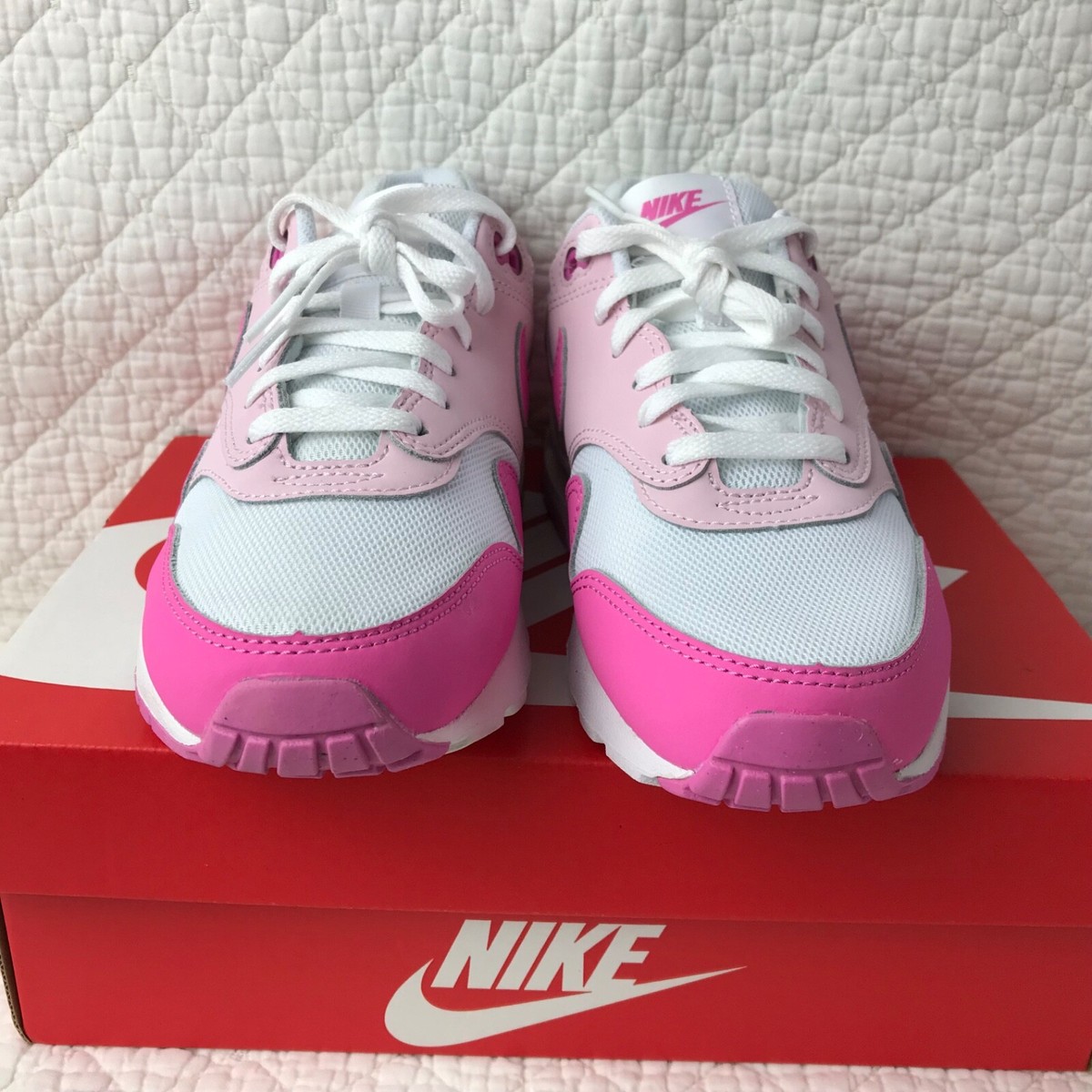 Nike Air Max 1 (GS) Shoes Big Kid's SZ 6Y White/Playful Pink
