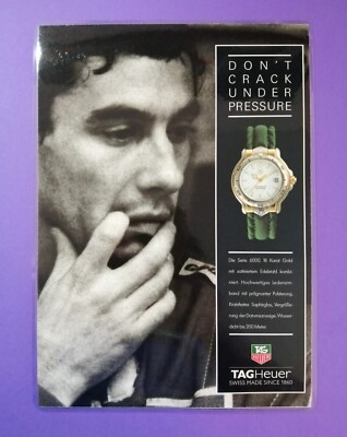 alte TAG HEUER Uhren Werbung laminiert 21x28cm, Ayrton Senna, McLaren, Formel 1