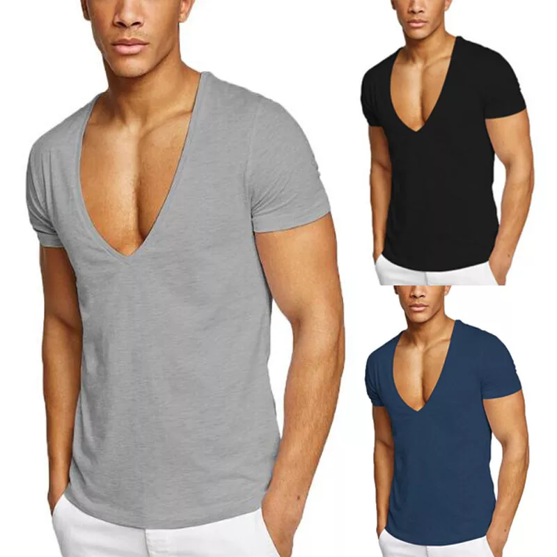 Deep V Neck Tshirt for Men Sexy Low Cut Wide Collar Top Tees Slim Fit T Shirts
