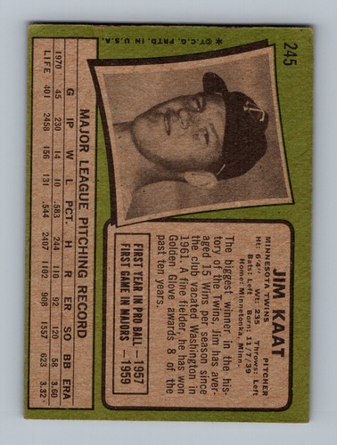 1971 Topps #245 Jim Kaat VG-VGEX Vintage HOF Baseball Card - Picture 2 of 2
