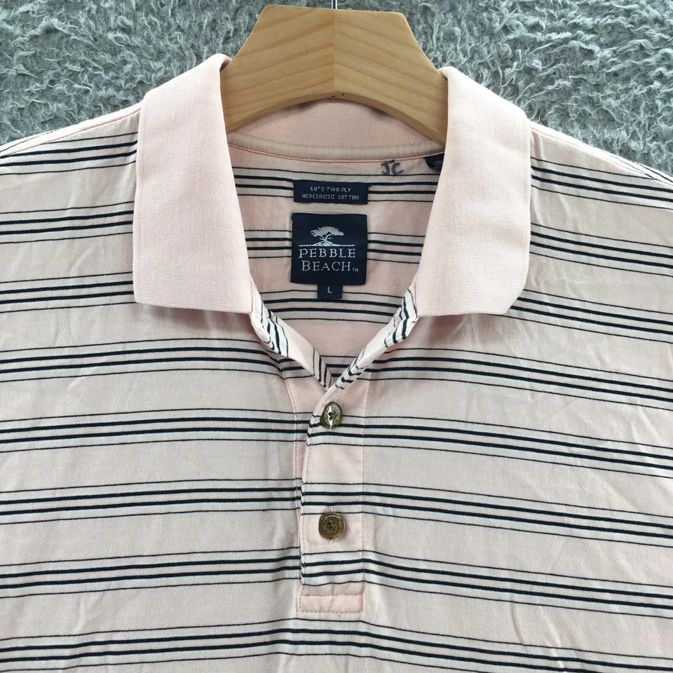 Pebble Beach Polo Shirt Top Mens L Pink Cotton Striped Short Sleeve Button Front - Image 4 of 4