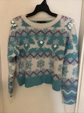 NWT 33 DEGREES Women’s Winter Theme Sweater size S Cropped Blue Sequins