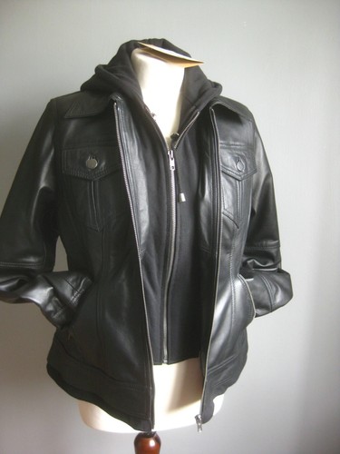 REAL LEATHER JACKET HOOD 12 10 NEW BNWT BETTY hooded trucker biker soft comfort