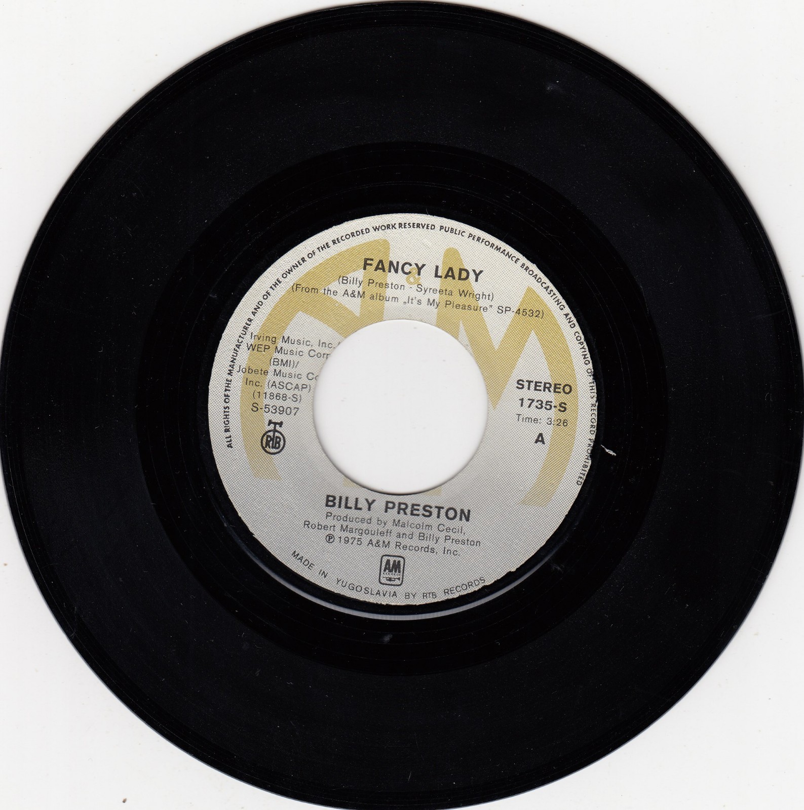 BILLY PRESTON FANCY LADY / SONG OF JOY 1975 RECORD YUGOSLAVIA 7