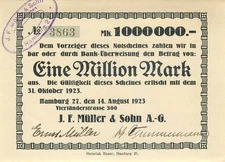 Hamburg J.F. Müller u. Sohn 1 Million Mark 1923 sehr leicht gebraucht