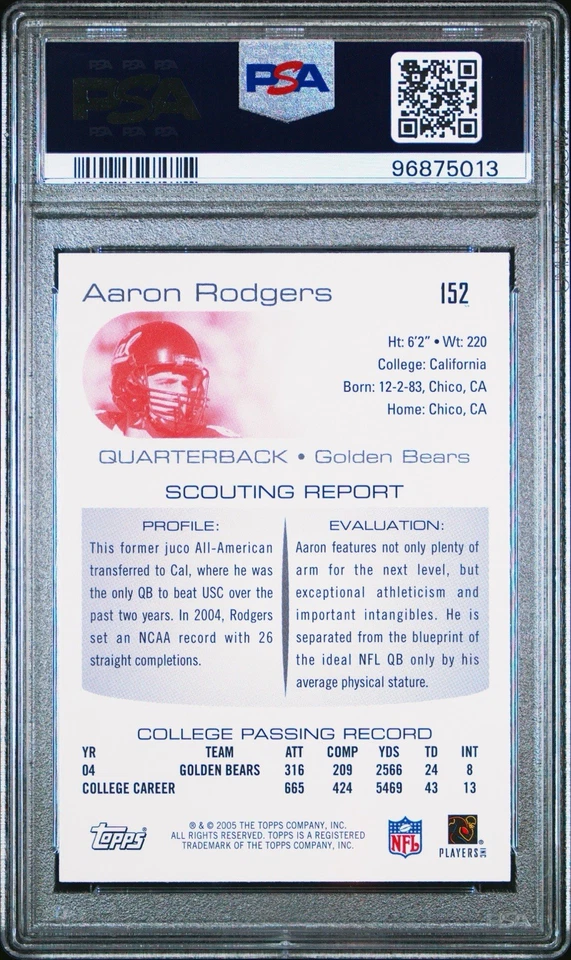 Topps Draft Picks #152 2005 Aaron Rodgers radiocontrol novato PSA 10 GEMA COMO NUEVO BAJO POP Foto 2 de 3