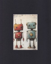 8X10" Matted Print Art Picture: Vintage-Looking Toy Robots: Cute Robots