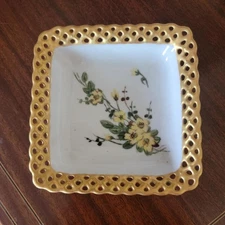 Vintage Handpainted Yellow Floral Schumann Pierced Rim Trinket Candy Dish