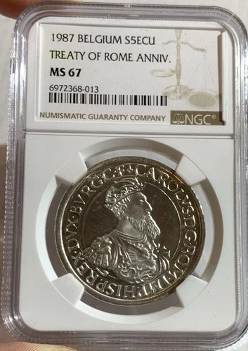 1987 BELGIUM SILVER COIN 5 ECU NGC MS67, TREATY OF ROME ANNIV.