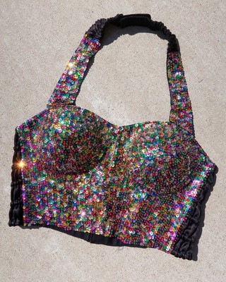 Vintage 80s/ 90s Rainbow Sequin Bustier Halter by Fashion Fantasy, Selena style